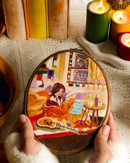 A Quiet Girl Hand-Painted Oval Hoop with Cozy Reading Illustration