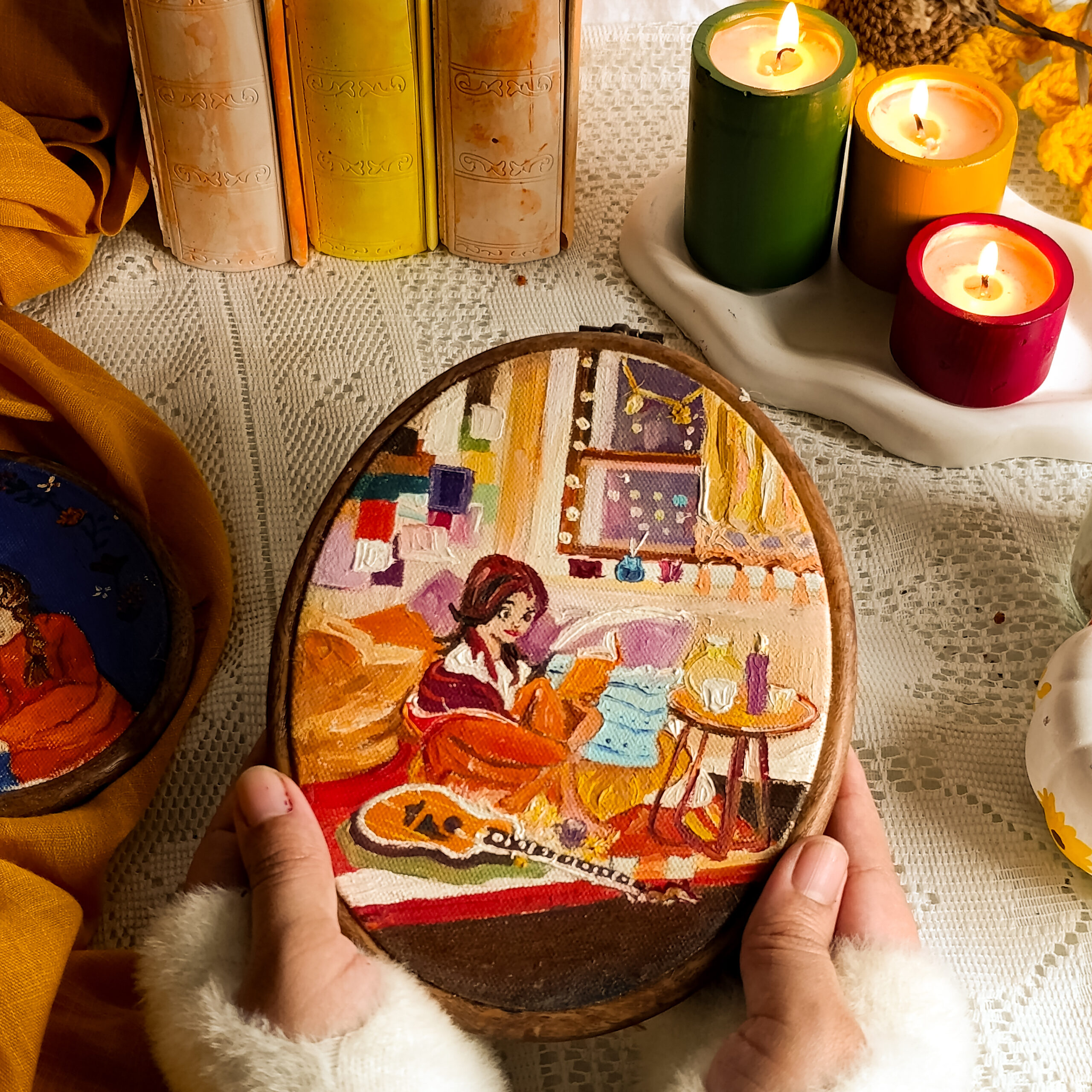 A Quiet Girl Hand-Painted Oval Hoop with Cozy Reading Illustration
