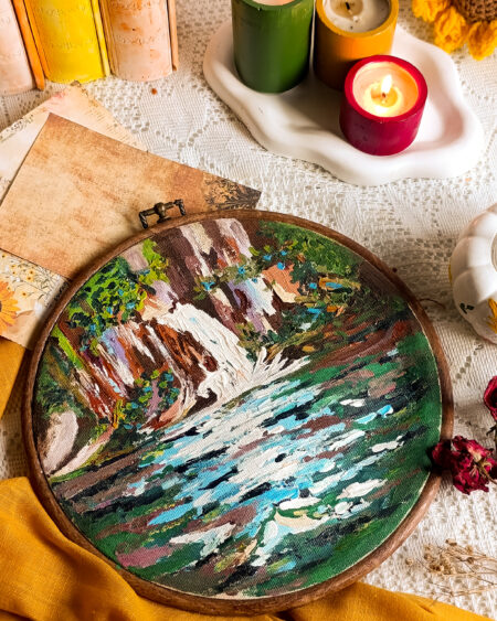 Whispering Falls Hand-Painted Landscape Hoop with Waterfall Artwork