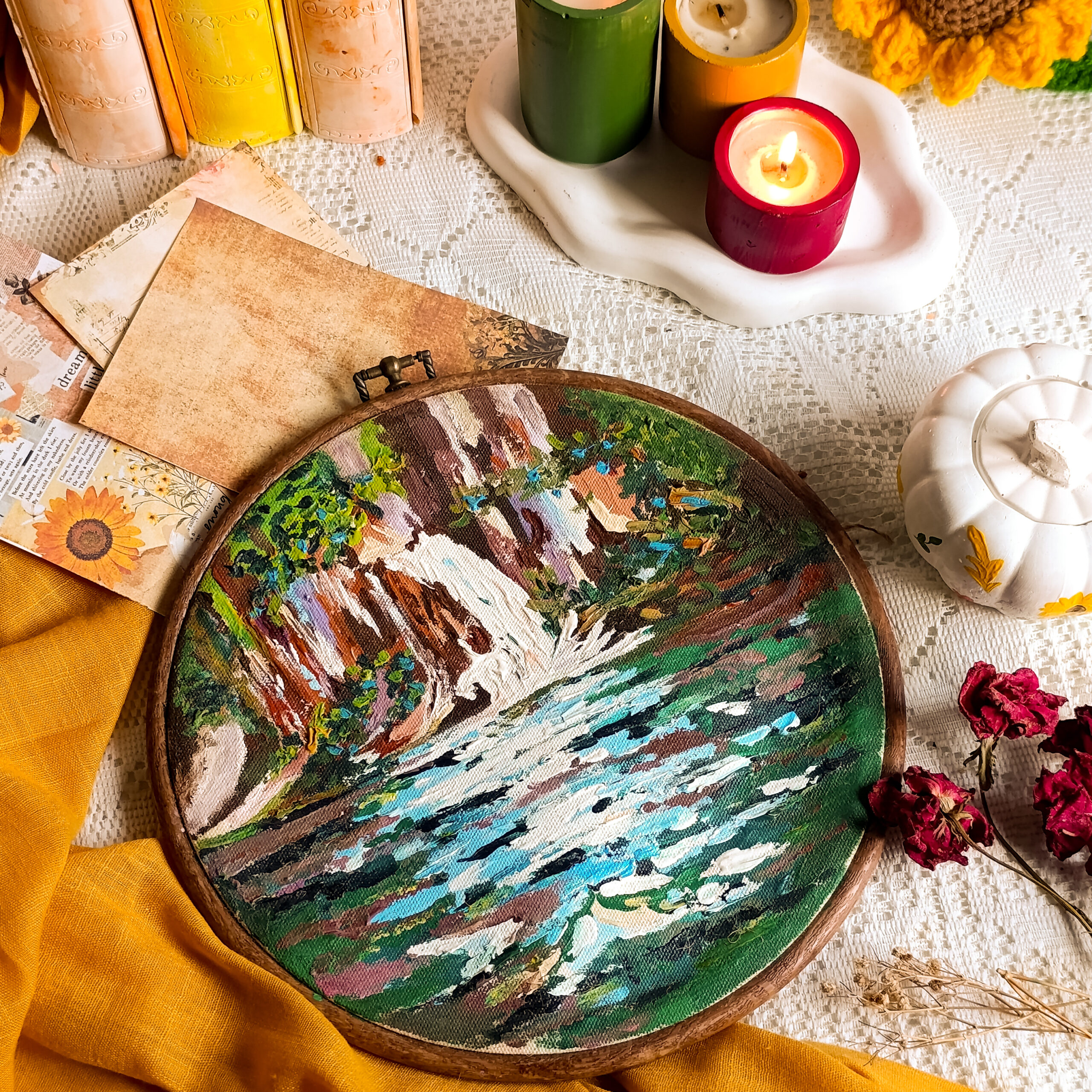 Whispering Falls Hand-Painted Landscape Hoop with Waterfall Artwork