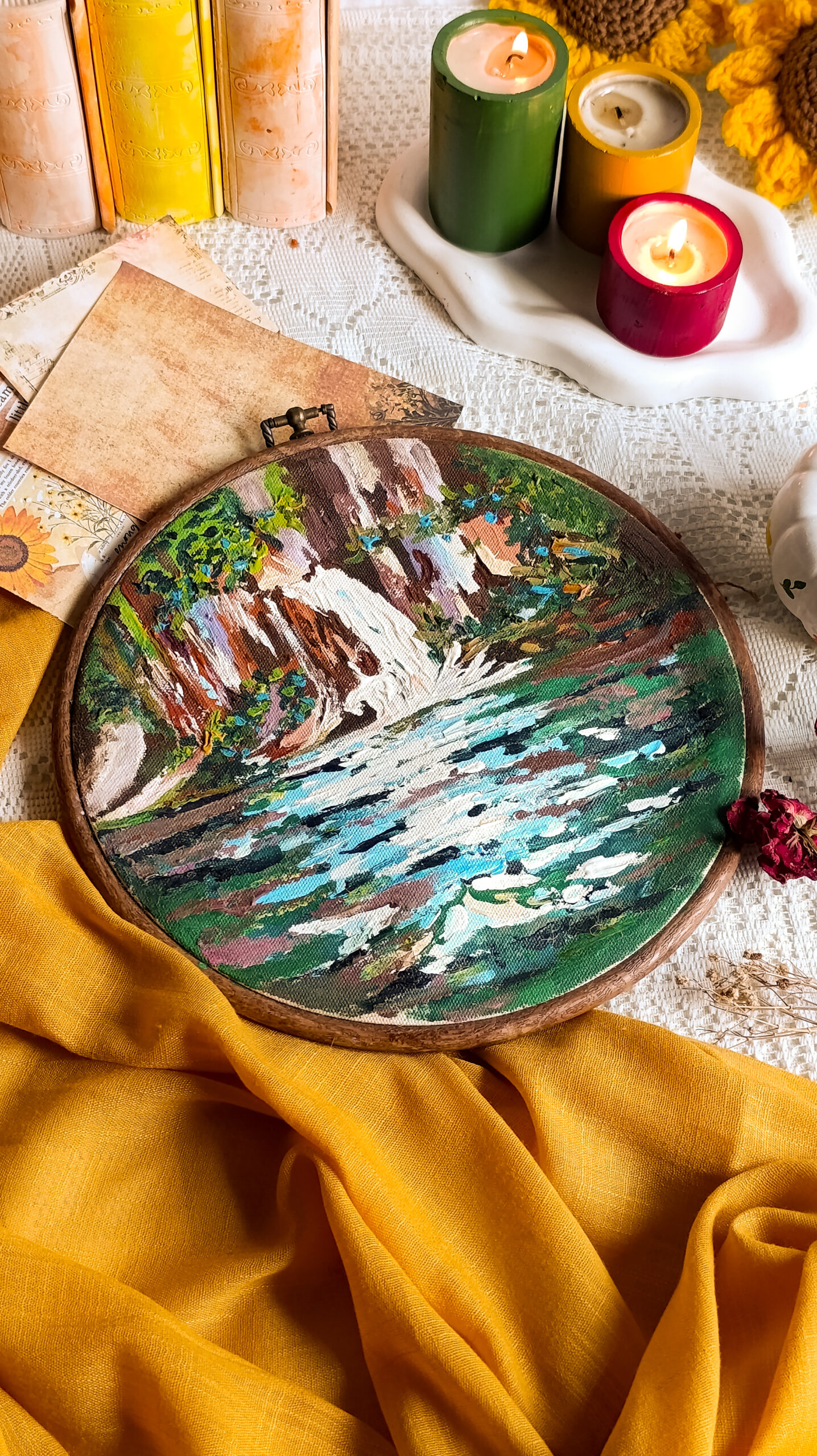 Whispering Falls Hand-Painted Landscape Hoop with Waterfall Artwork